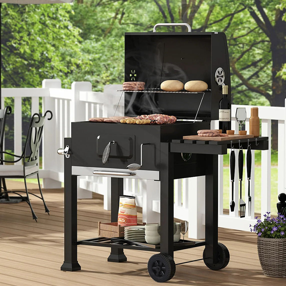 barrel charcoal BBQ grill in backyard patio setting – perfect for outdoor garden barbecues and family gatherings