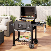 44x39 inch barrel charcoal BBQ grill with side table – large black outdoor smoker grill with wheels and chimney, front and side view