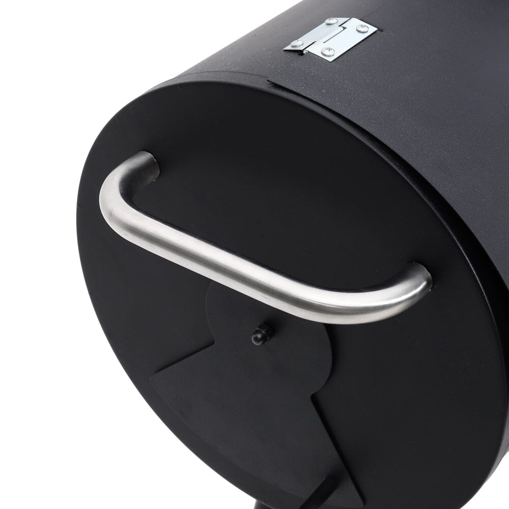 Side View of 2-in-1 BBQ Grill and Smoker – Firebox, Grill Grates, and Storage Shelf Shown