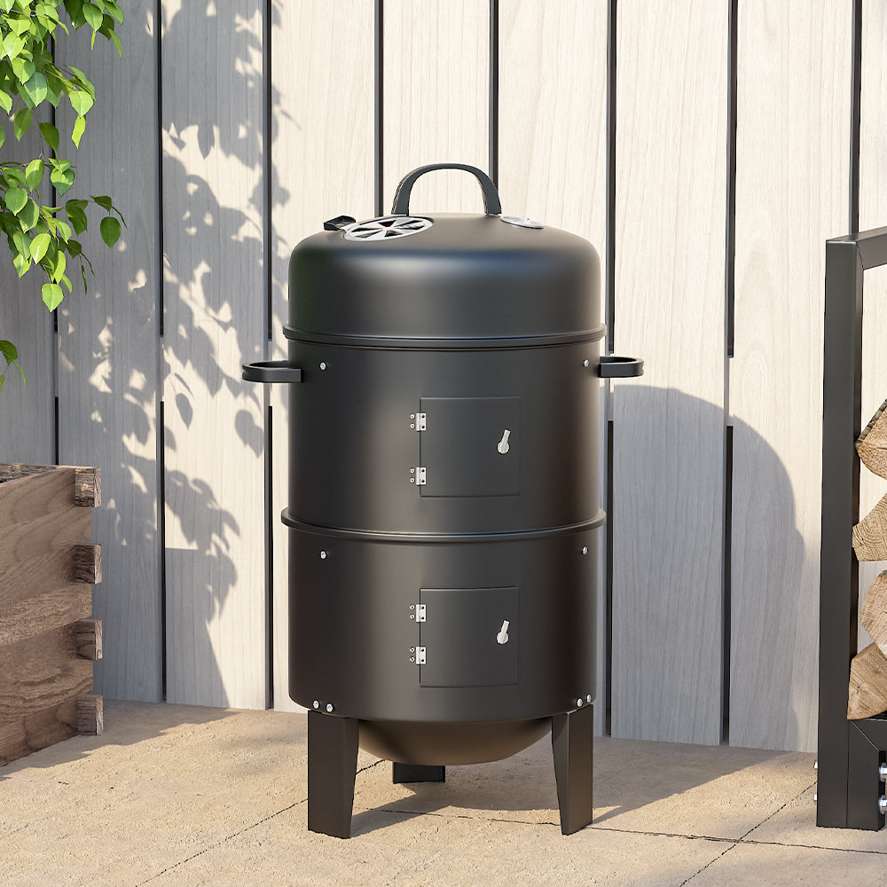 Outdoor Family BBQ Using 3-in-1 Charcoal Grill Smoker – Ideal for Garden Parties and Gatherings
