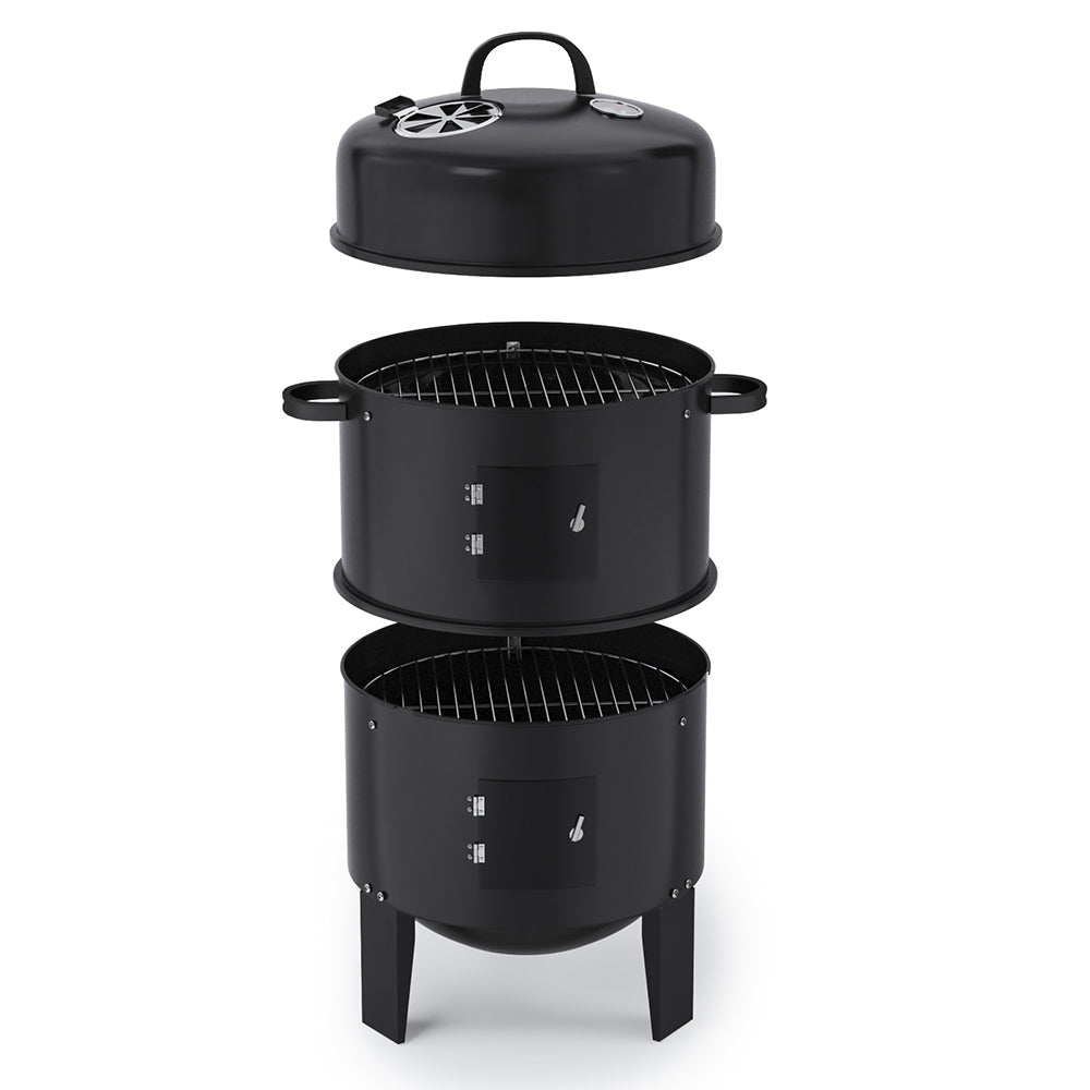 Freestanding 3-Tier Charcoal Grill Smoker – Portable Black BBQ for Outdoor Use