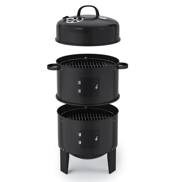 Freestanding 3-Tier Charcoal Grill Smoker – Portable Black BBQ for Outdoor Use
