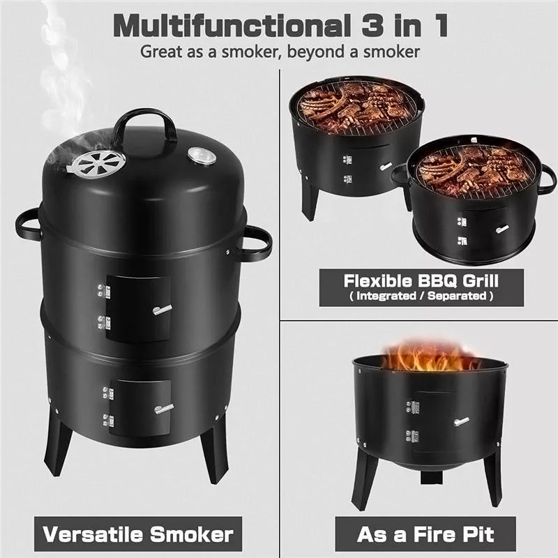Multi-Purpose Charcoal Grill Smoker – 3-Tier Design for Grilling, Smoking, and Warming