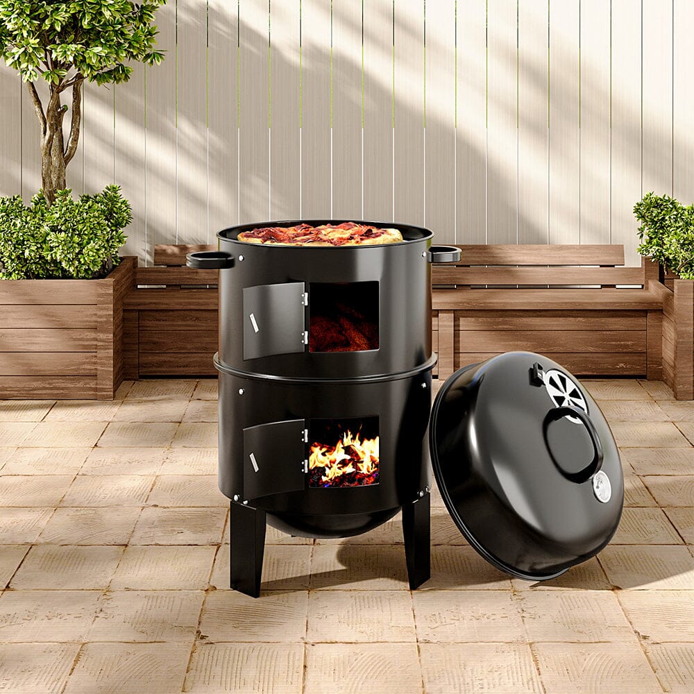 3-in-1 Garden Charcoal BBQ Grill with Smoker – Outdoor Cooking Station with 3 Tiers and Side Vents
