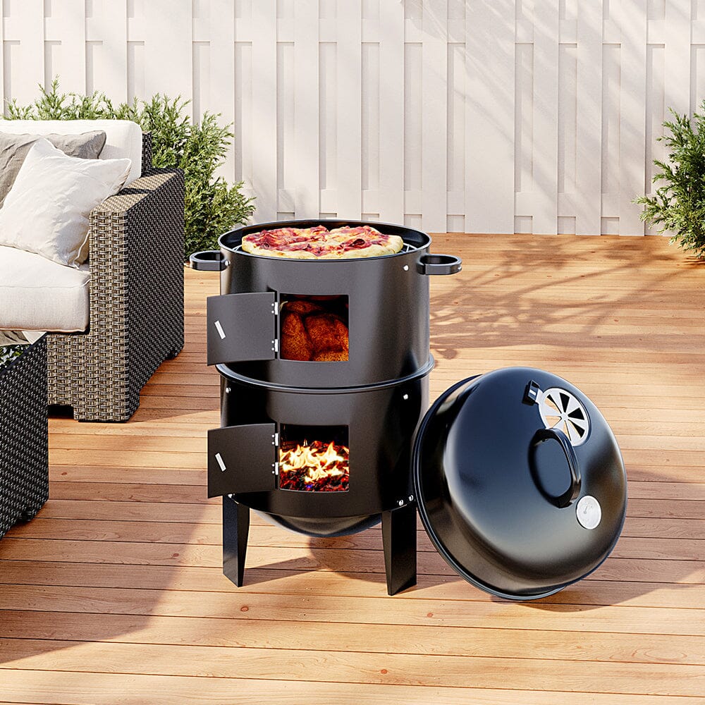 Backyard Grilling Scene with Multifunctional Charcoal BBQ Grill and Smoker – 3-Tier Design in Use