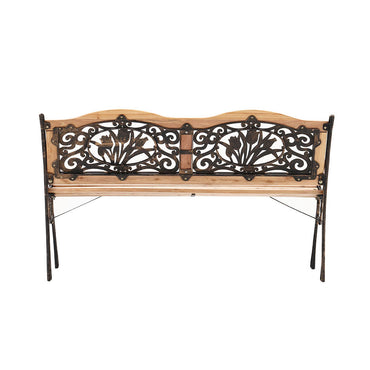 Two-Seater Wooden Garden Bench with Ornate Cast Iron Frame – Isolated on White Background