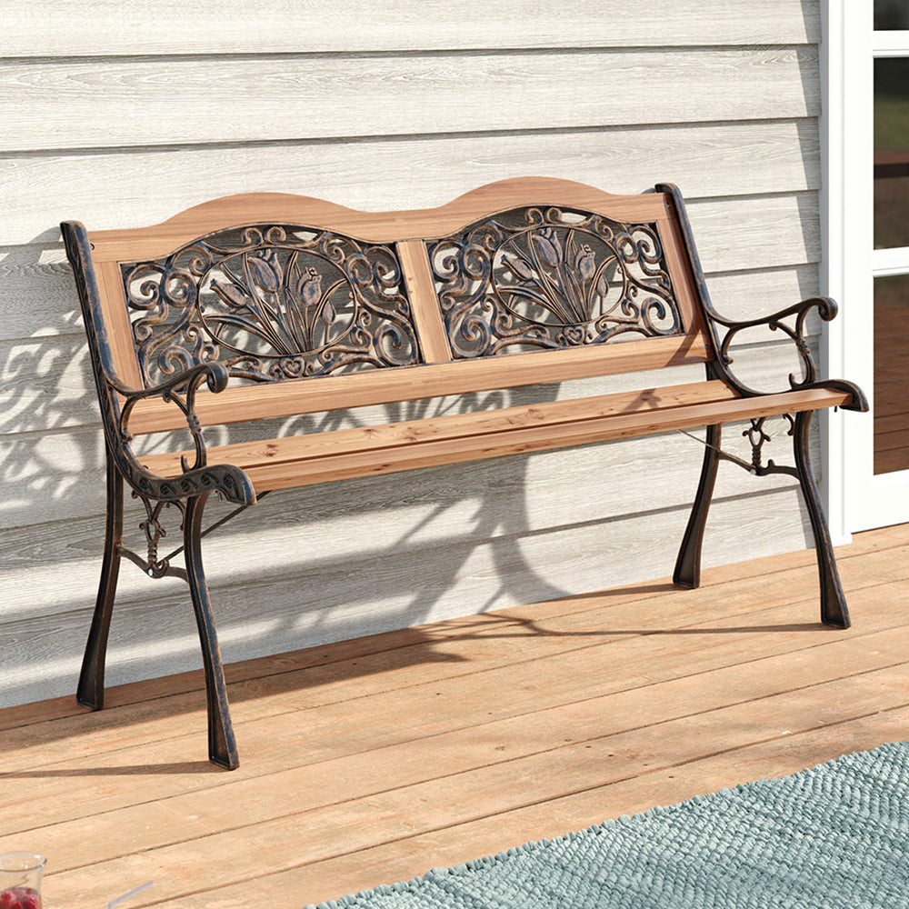 2-Seat Outdoor Garden Wood Bench with Cast Iron Frame – Classic Patio Seating
