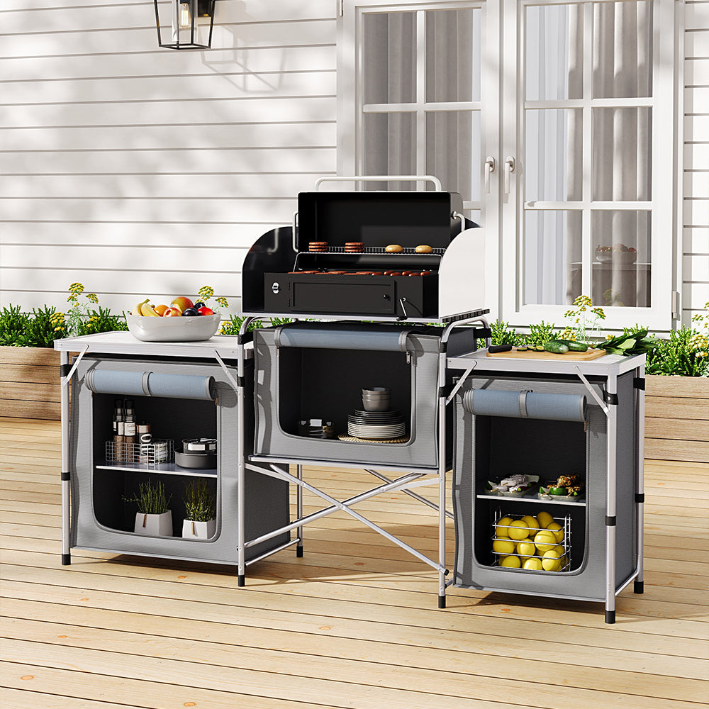 Grey Portable Outdoor Kitchen Stand Set Up at Campsite – Convenient Outdoor Cooking and Storage