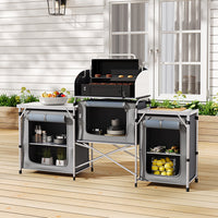 Grey Portable Outdoor Kitchen Stand Set Up at Campsite – Convenient Outdoor Cooking and Storage