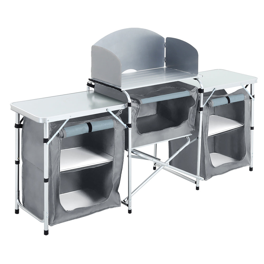 Foldable Grey Outdoor Kitchen Stand with Storage Shelves – Portable Camping Kitchen Unit