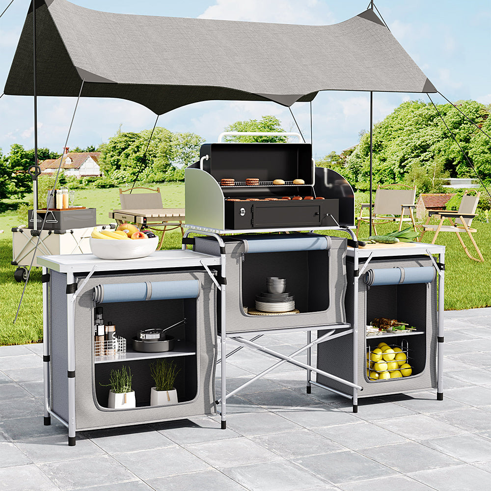 Grey Portable Outdoor Kitchen Stand Unit Storage – Foldable Camping Cooking Station