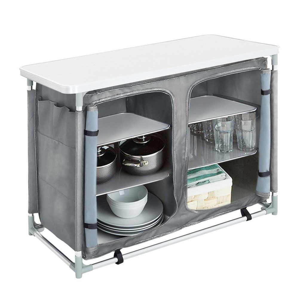 Foldable Grey Outdoor Kitchen Table with Cupboard and Shelves – Portable Camping Storage Unit