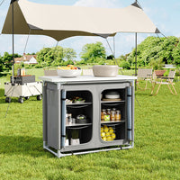 Grey Portable Outdoor Kitchen Table Set Up at Campsite – Convenient Cooking and Storage Solution