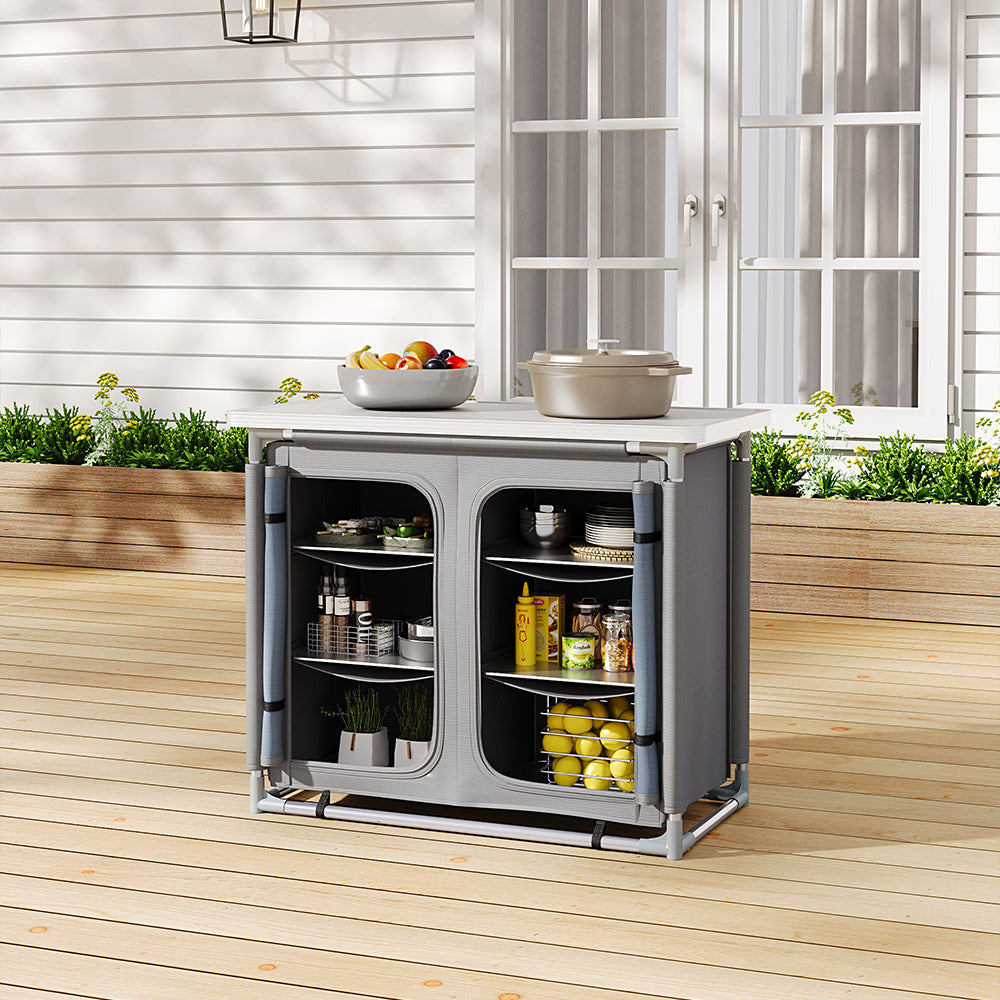 Foldable Grey Outdoor Kitchen Table with Cupboard Storage – Ideal for Backyard and Picnic Use