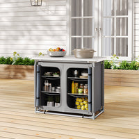 Foldable Grey Outdoor Kitchen Table with Cupboard Storage – Ideal for Backyard and Picnic Use