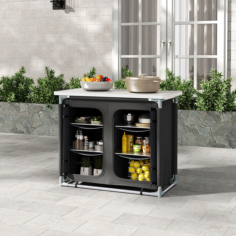 Portable Camping Kitchen Table Set Up at Campsite – Outdoor Cooking and Storage Solution