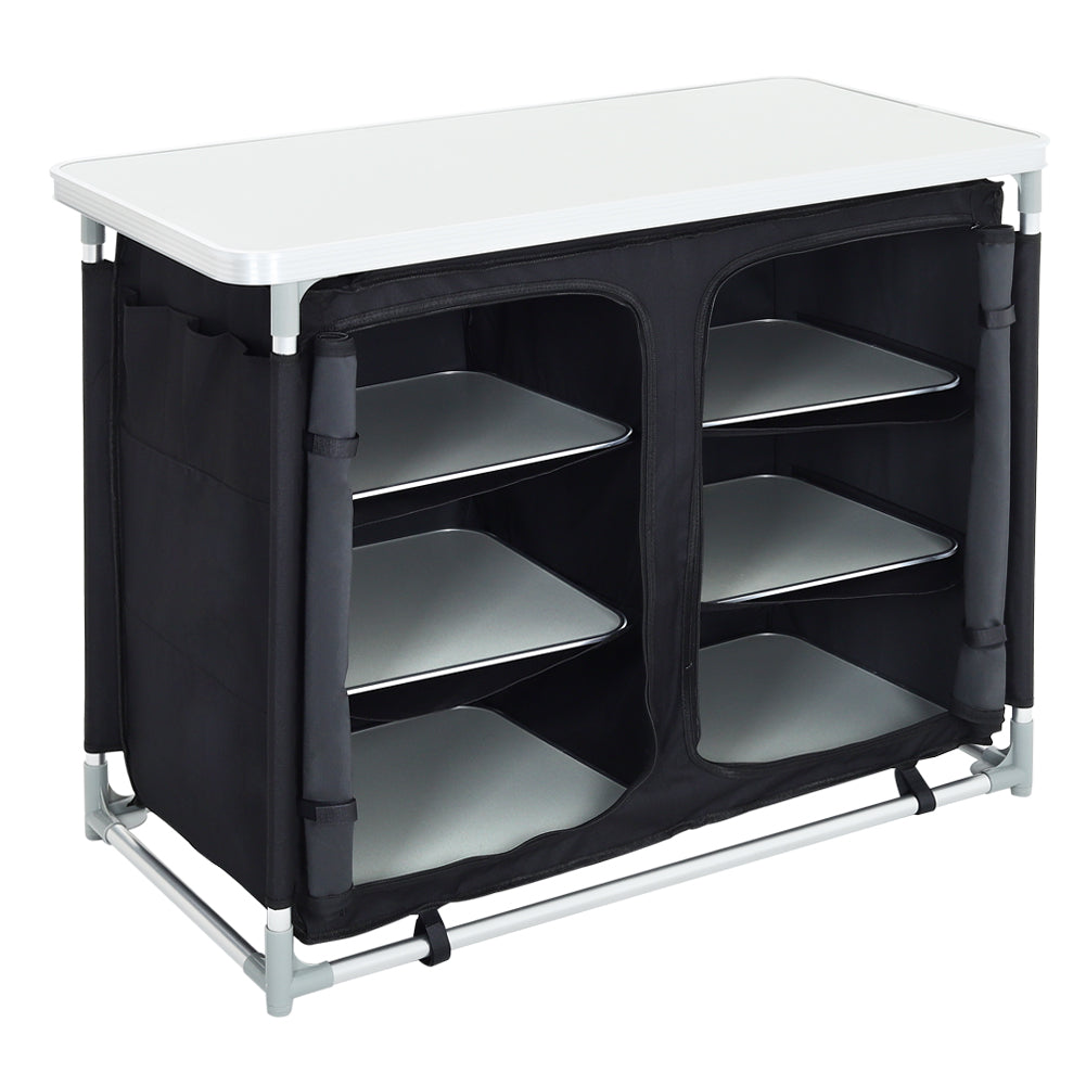 Foldable Black Camping Kitchen Table with Cupboard and Shelves – Portable Outdoor Storage Unit