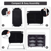 Close-Up of Four Key Features on Portable Camping Kitchen Table – Cupboard Doors, Shelves, Frame