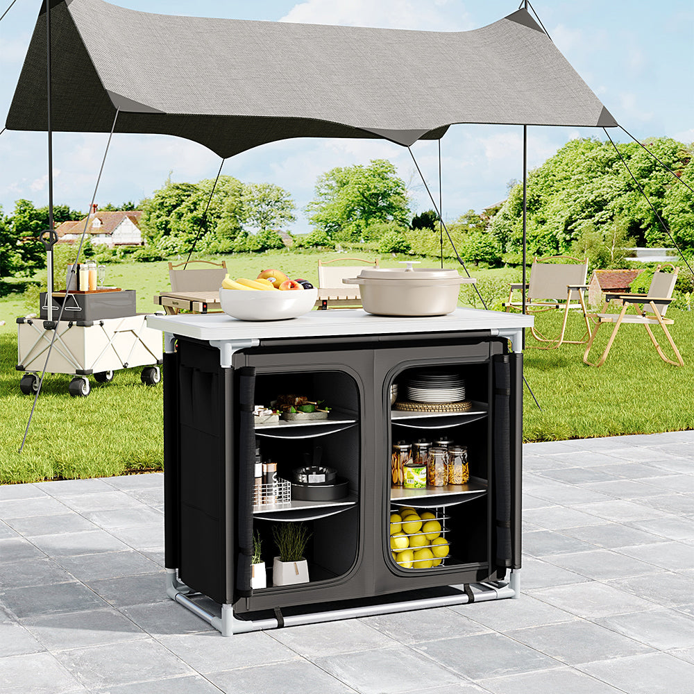 Black Portable Camping Kitchen Table with Cupboard Storage – Foldable Outdoor Cooking Station