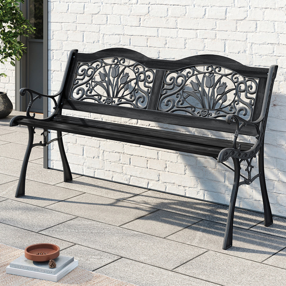 Solid Black Garden Metal and Wood Bench – Elegant Outdoor Seating for Patio or Garden