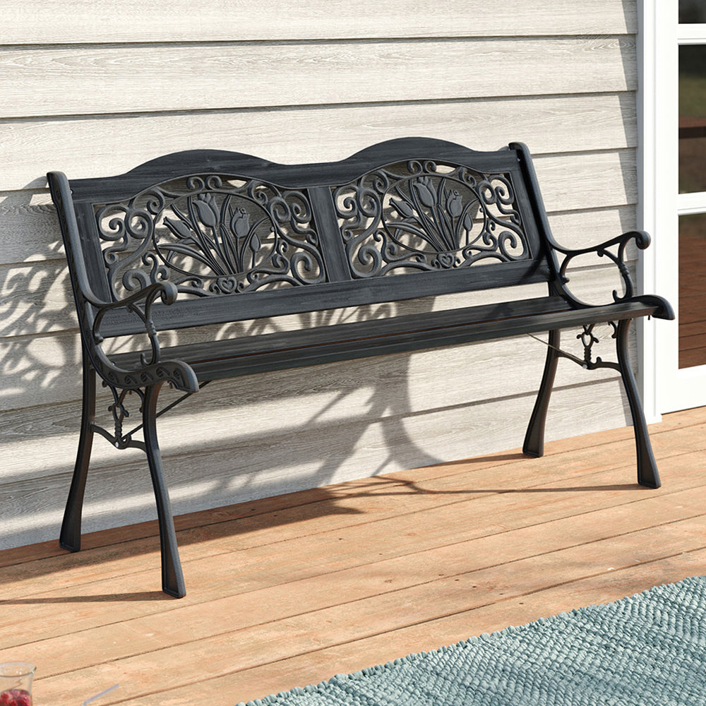 Solid Black Metal Wooden Garden Bench on Green Lawn – Ideal for Outdoor Relaxation