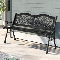 Decorative Black Bench in Backyard Patio Setting – Metal Frame and Wooden Seat