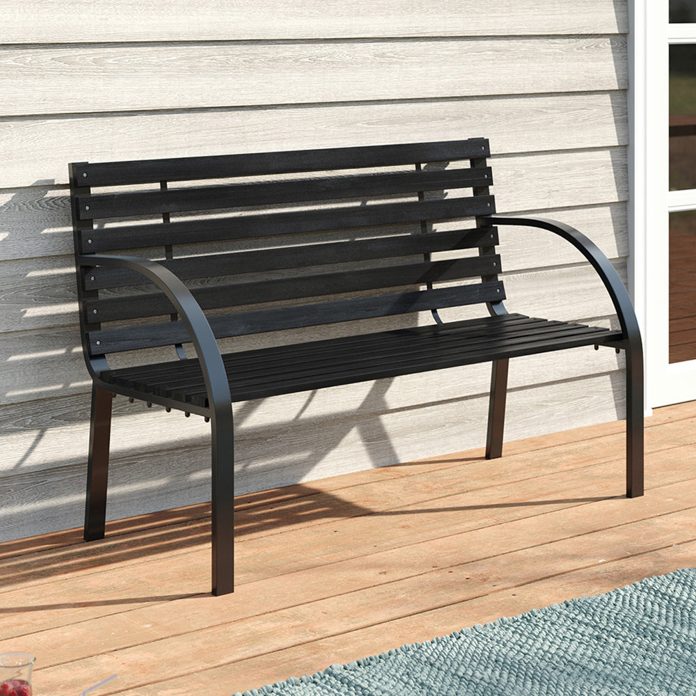 Modern Outdoor Garden Metal Black Wooden Bench
