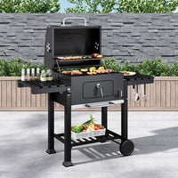 138cm Wide Charcoal BBQ Grill with Side Shelves | Large Outdoor Garden Barbecue with Wheels and Smokestack