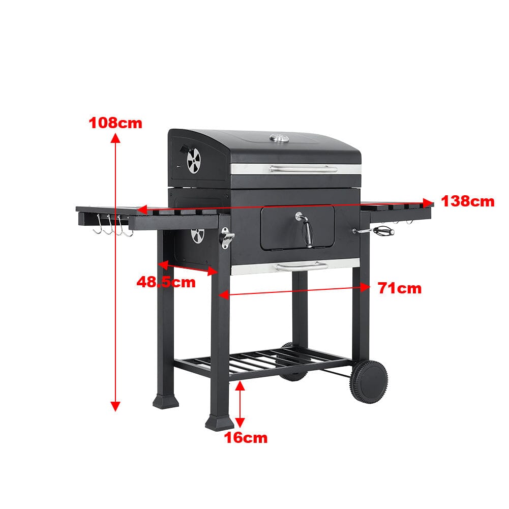 Dimensions of 138cm Charcoal BBQ Grill | Size Guide: 138cm W x [X]cm D x [Y]cm H with Side Shelves and Wheels