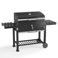 Barrel charcoal BBQ grill with side shelves – black steel design, 33x43 inch, ideal for outdoor cooking and patio grilling