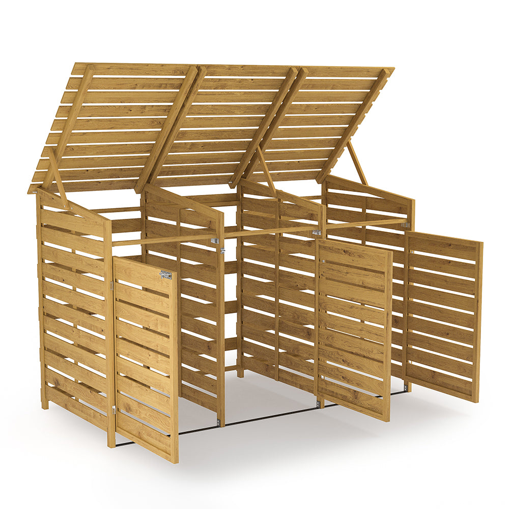 7x3ft brown spruce wooden garden bin shed with sloped lid on white background