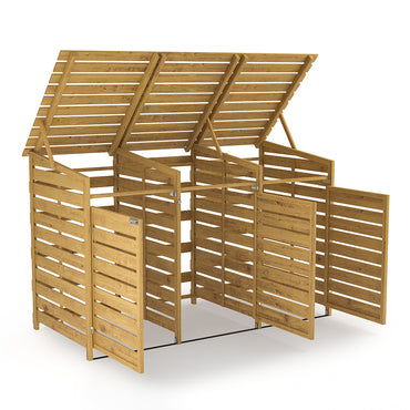 7x3ft brown spruce wooden garden bin shed with sloped lid on white background