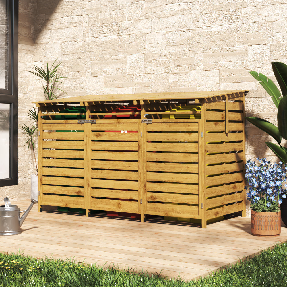 7x3ft brown wooden bin storage shed in garden setting, open lid showing bins inside