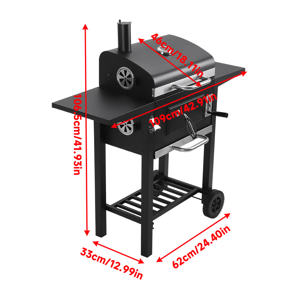 Technical diagram showing 109cm x 33cm x 96.5cm dimensions of outdoor charcoal barbecue grill with chimney