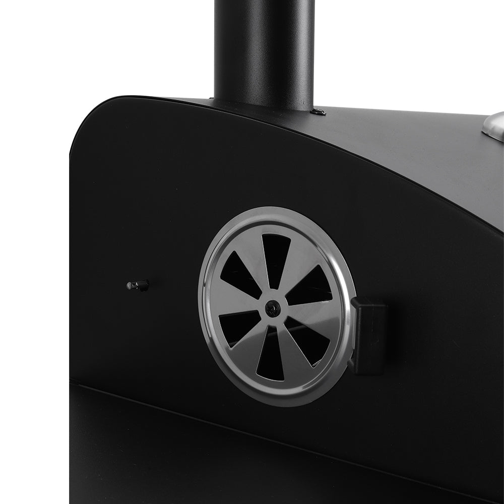 Smoke stack detail on black charcoal BBQ grill – enhances ventilation and smoky flavor