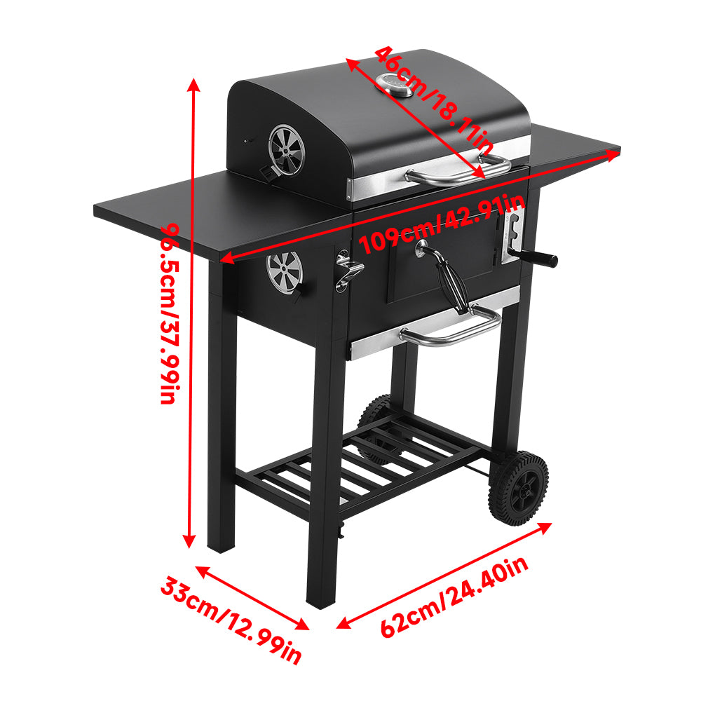 Dimensions of 109cm x 33cm x 106.5cm outdoor charcoal barbecue grill with smoke stack and wheels