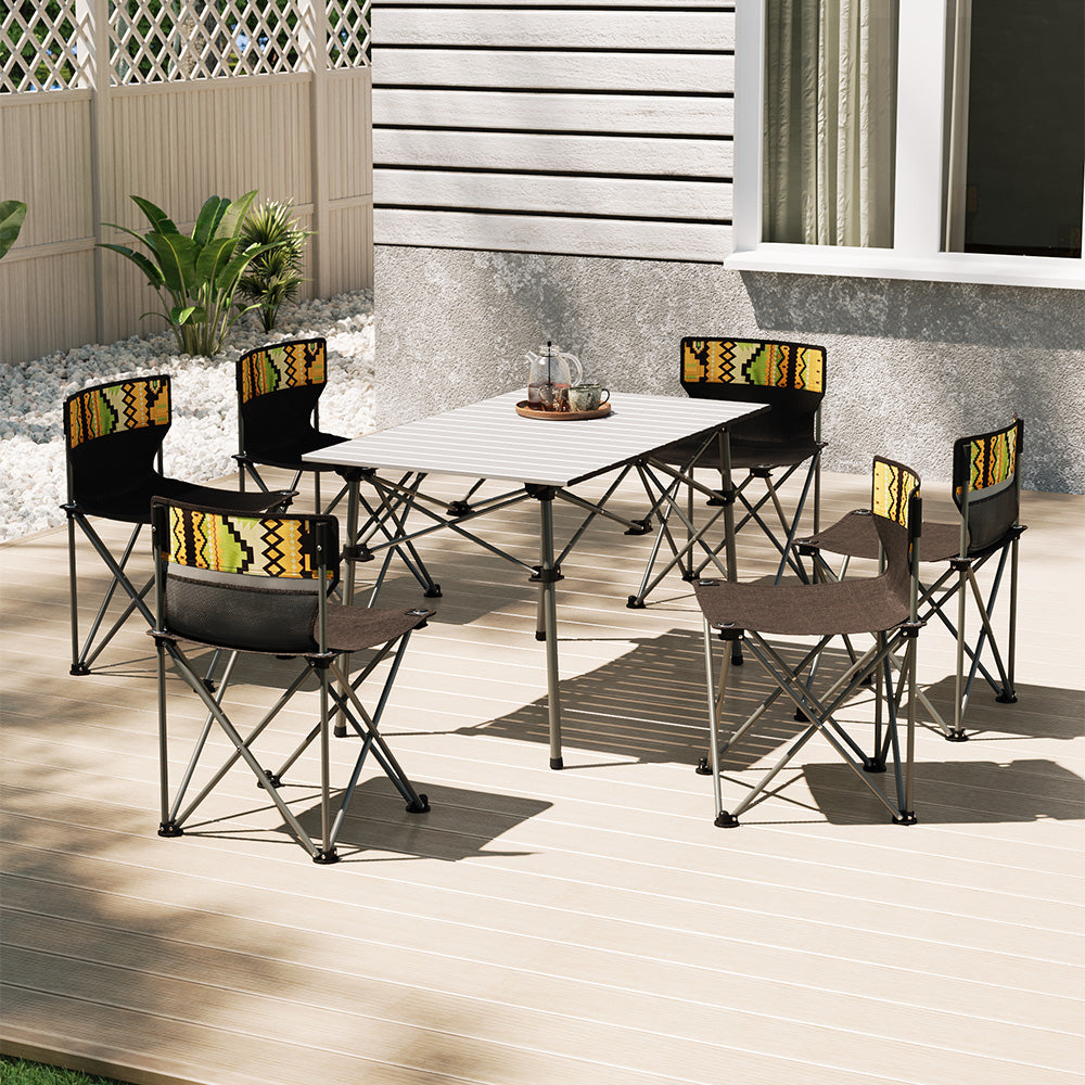 Outdoor Family Meal Setup with Brown Folding Table and 6 Chairs – Camping Essentials
