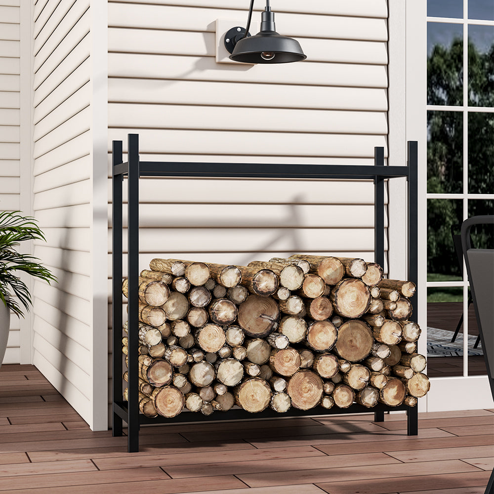 Black Metal Firewood Log Holder for Indoor and Outdoor Use – Powder-Coated Steel Wood Storage Rack