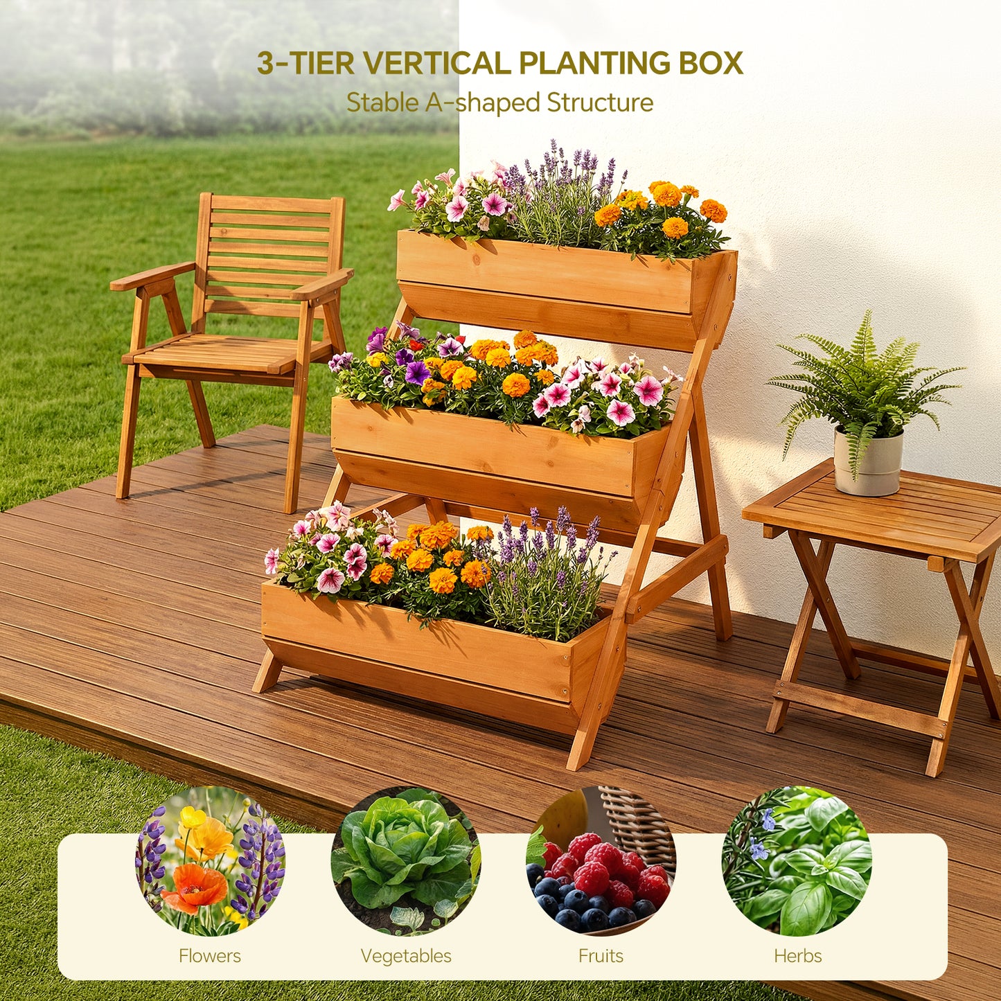2.1x2.5ft 3 Tier Wooden Planter Box Fir Wood Garden Raised Bed