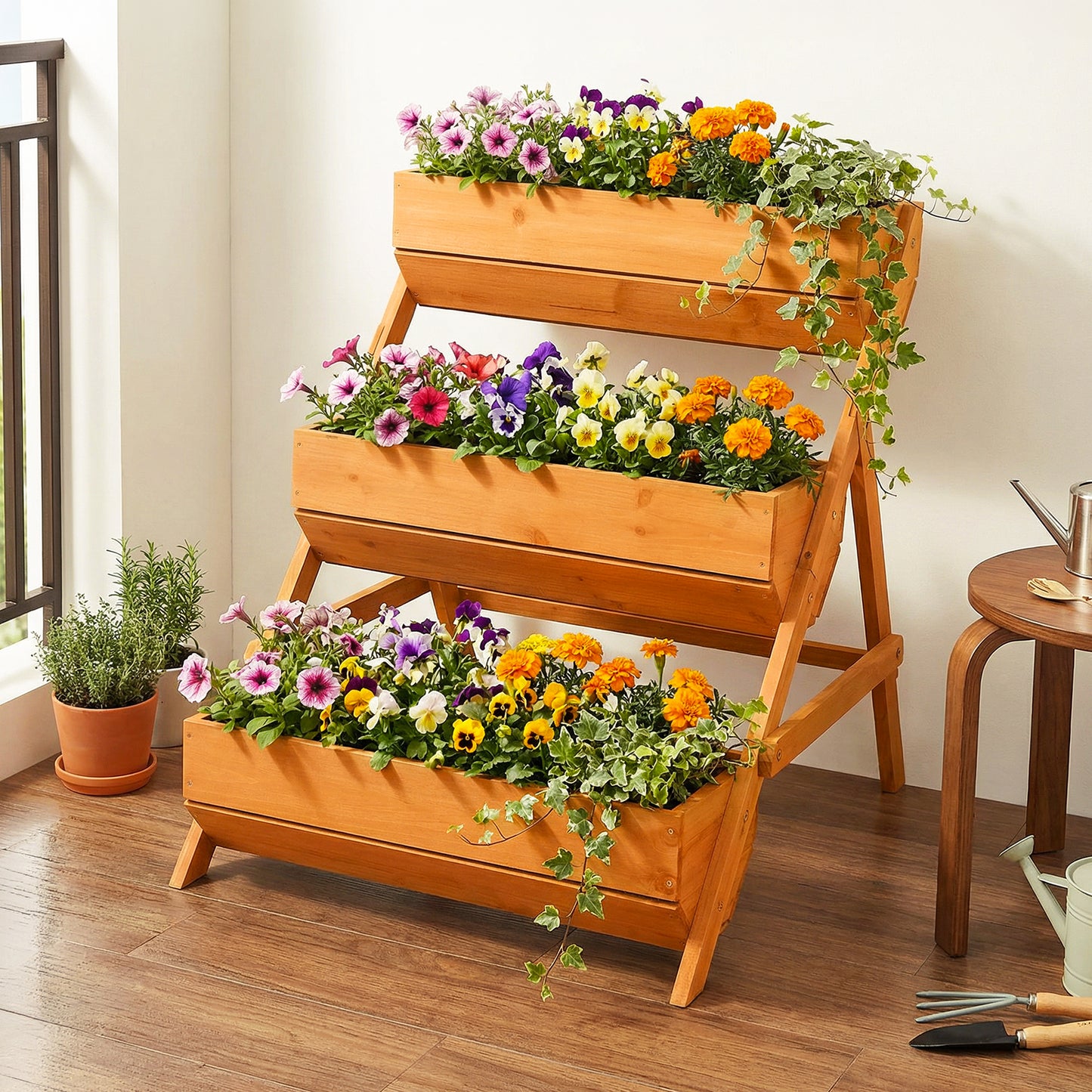 2.1x2.5ft 3 Tier Wooden Planter Box Fir Wood Garden Raised Bed
