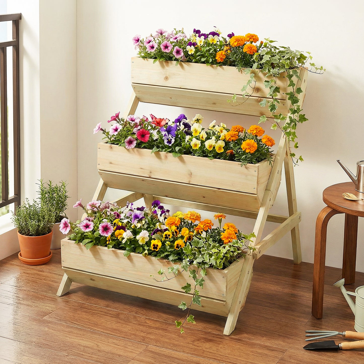 2.1x2.5ft 3 Tier Wooden Planter Box Fir Wood Garden Raised Bed