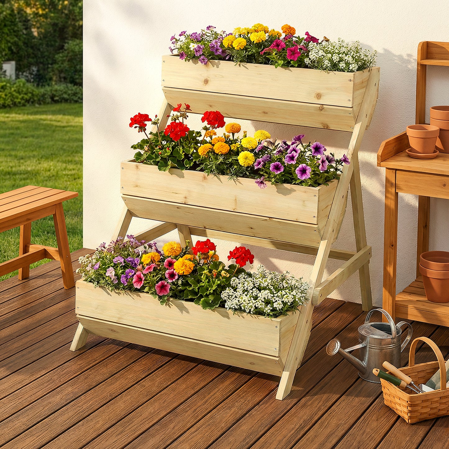 2.1x2.5ft 3 Tier Wooden Planter Box Fir Wood Garden Raised Bed