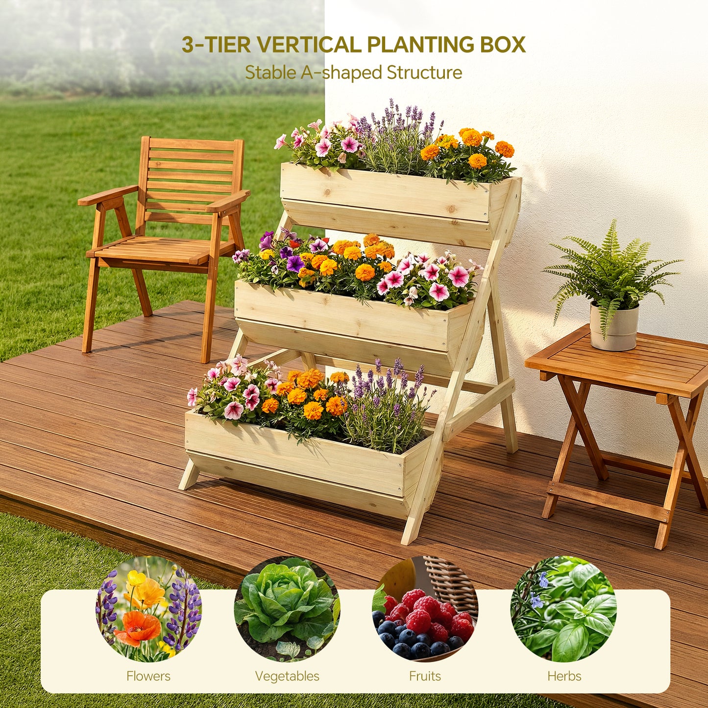 2.1x2.5ft 3 Tier Wooden Planter Box Fir Wood Garden Raised Bed