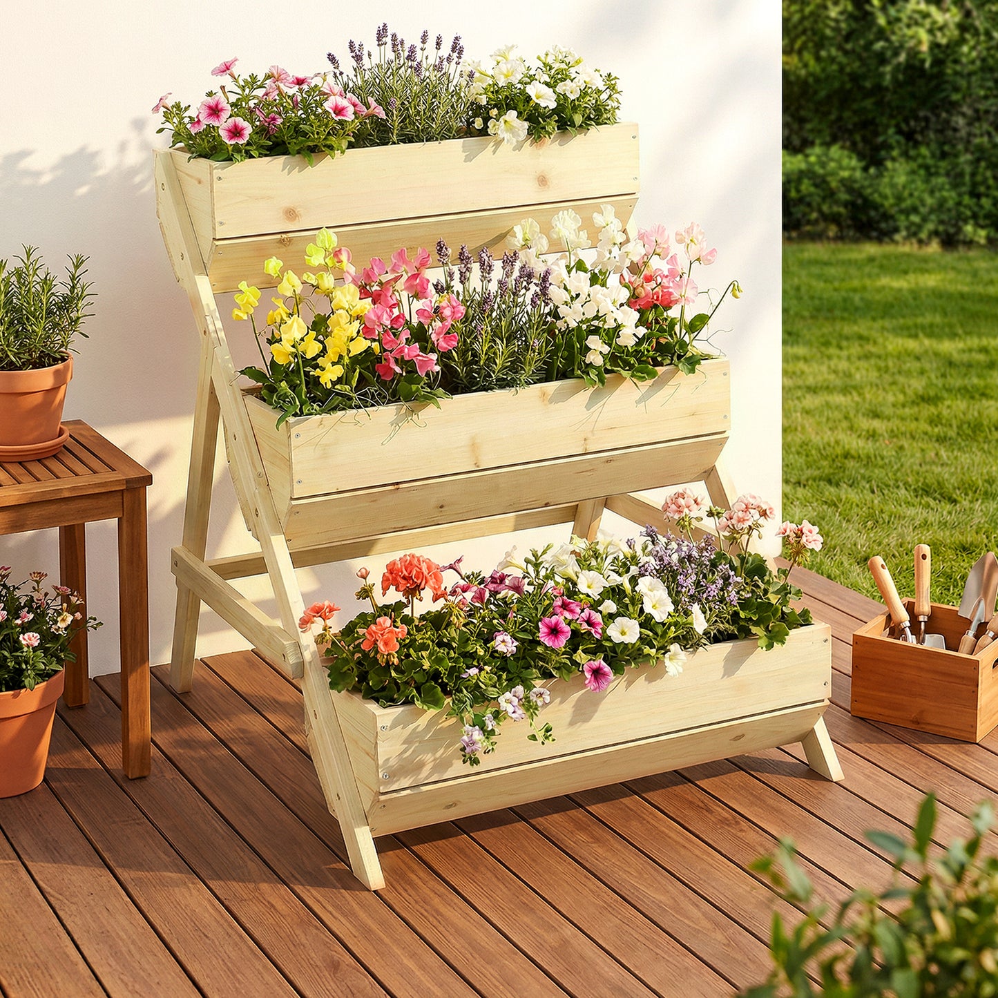 2.1x2.5ft 3 Tier Wooden Planter Box Fir Wood Garden Raised Bed