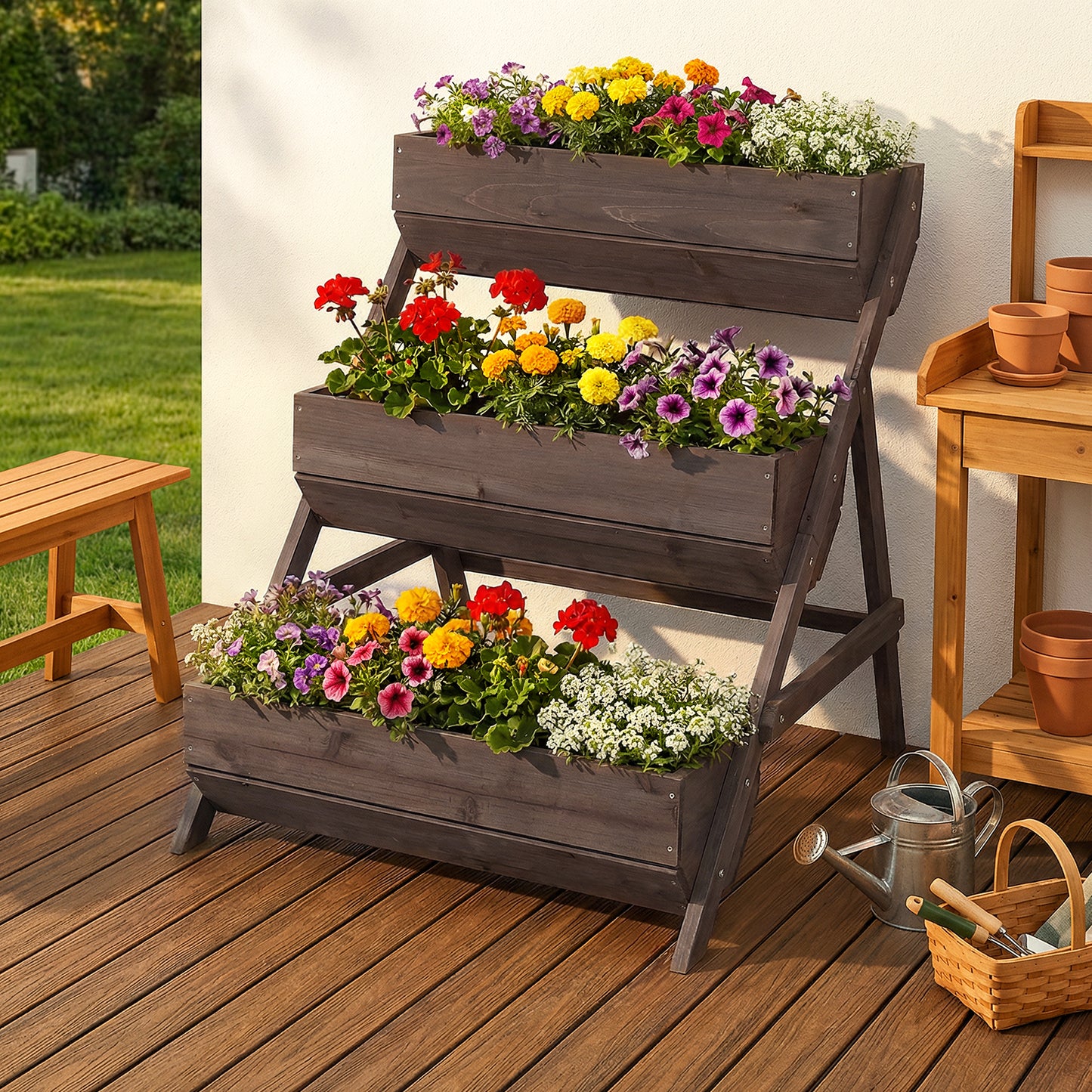 2.1x2.5ft 3 Tier Wooden Planter Box Fir Wood Garden Raised Bed