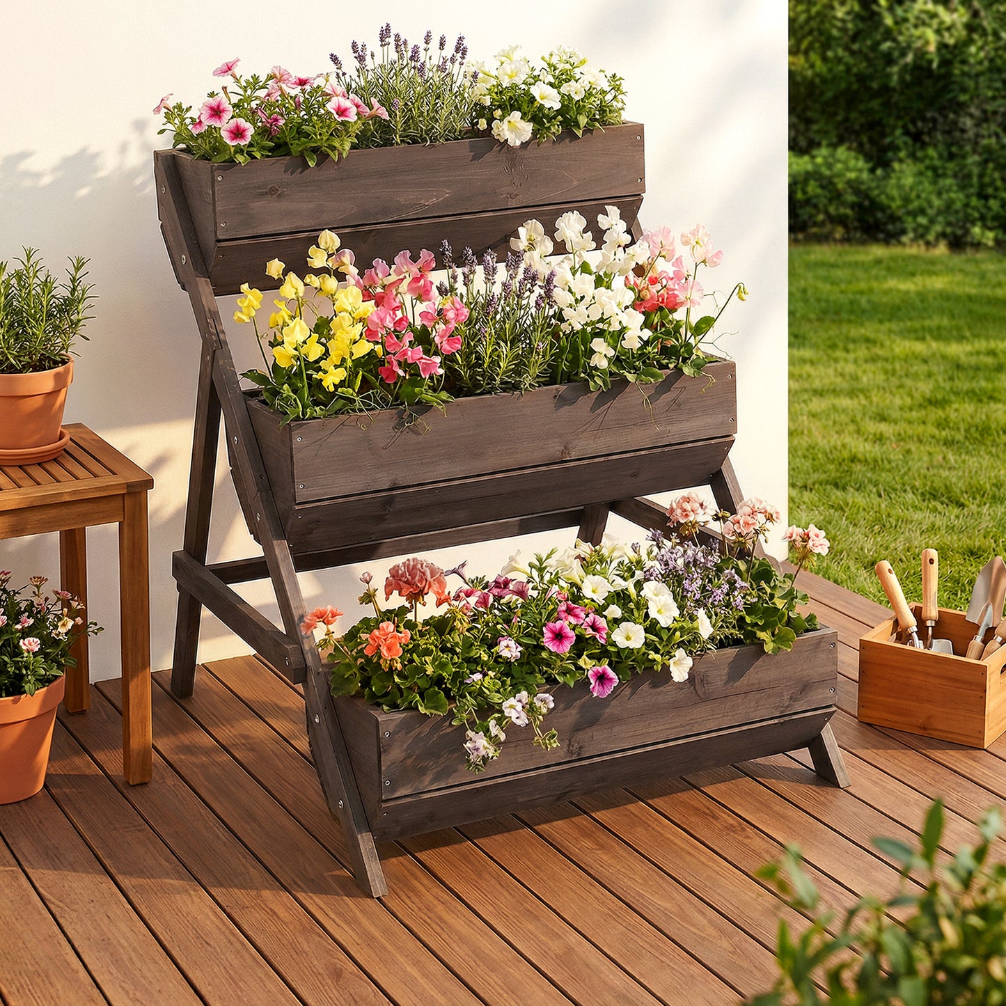 2.1x2.5ft 3 Tier Wooden Planter Box Fir Wood Garden Raised Bed