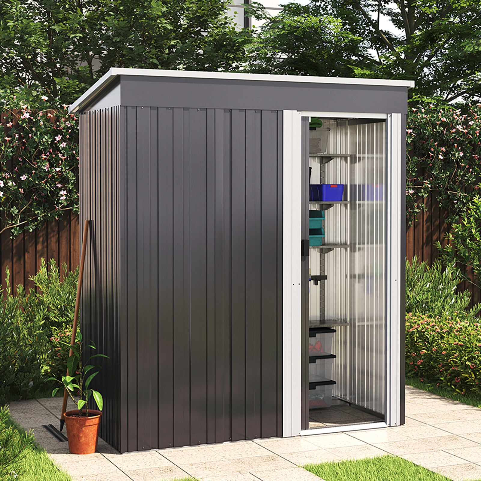 3x5FT Anthracite Metal Garden Shed With Lockable Sliding Door