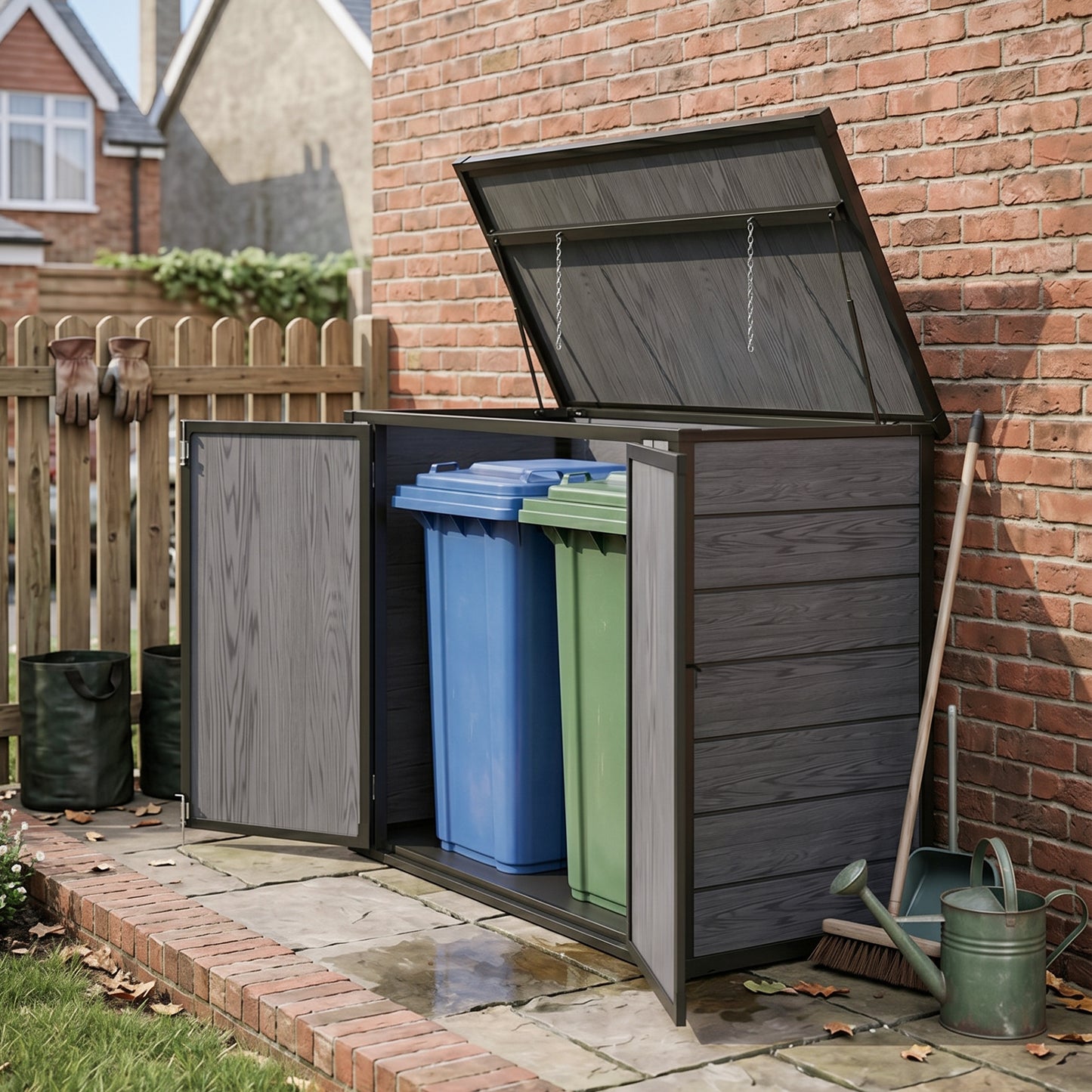 Wood Grain Finish Garden Tool/Bin Storage Shed