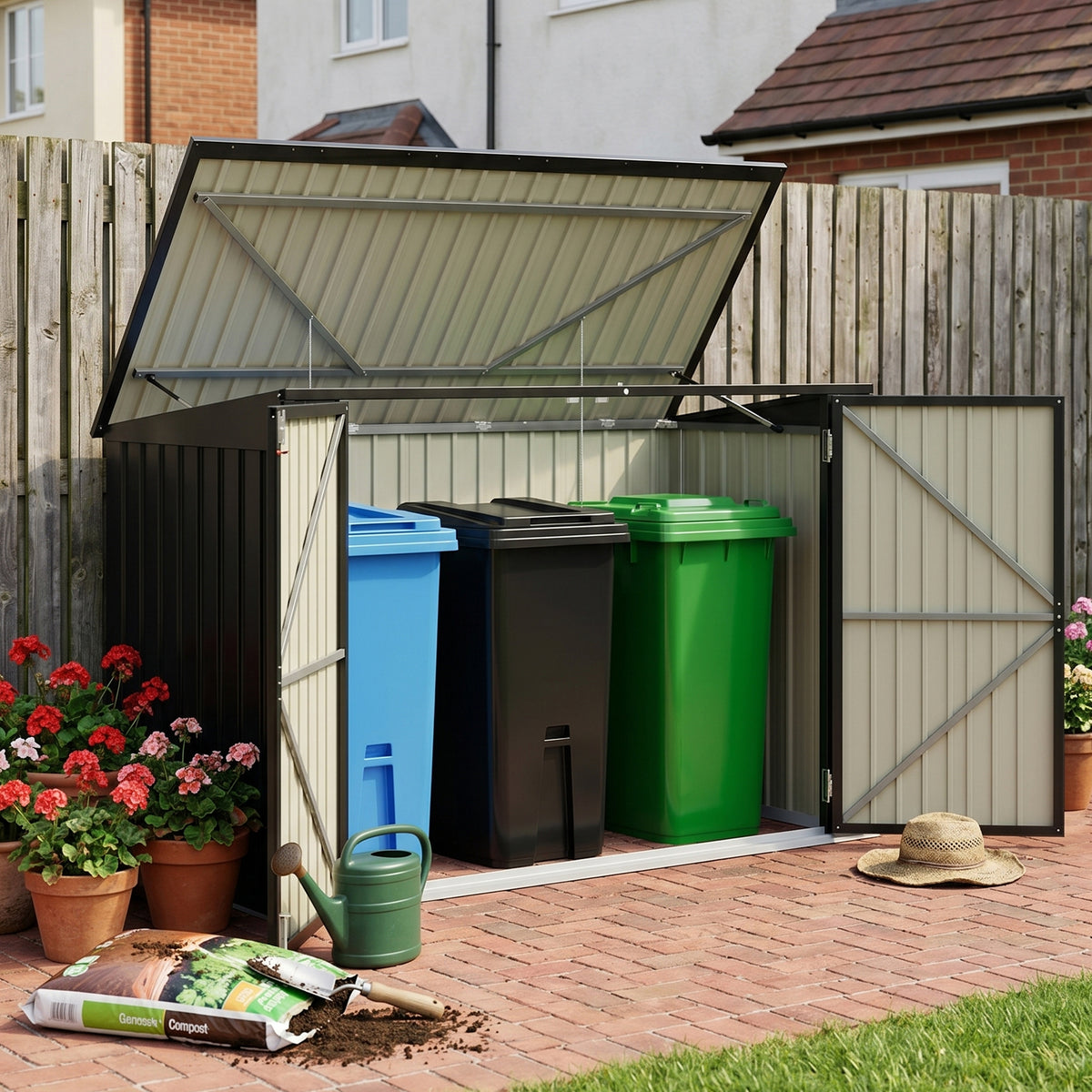 8x3ft Metal Wheelie Bin Storage Shed With Double Doors And Lockable Design