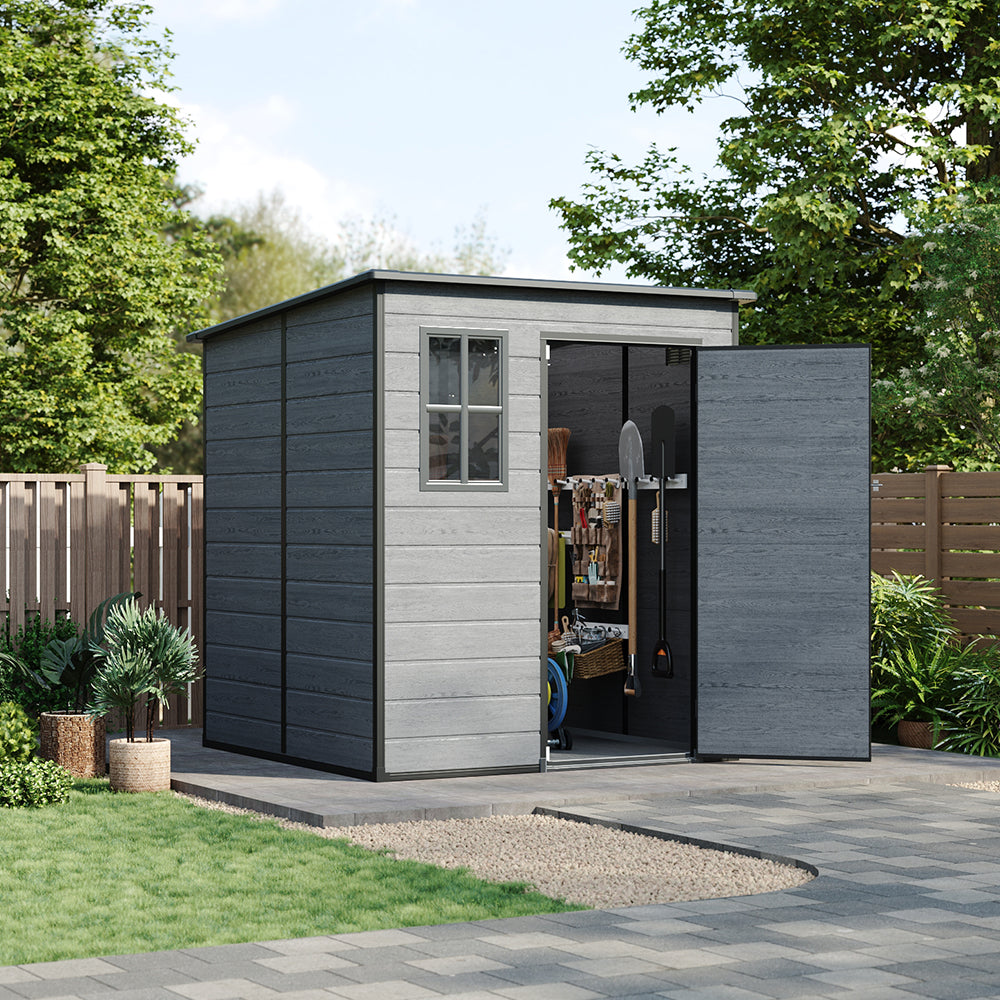 6x6ft Plastic Lockable Garden Storage Shed Sloped Roof with Window